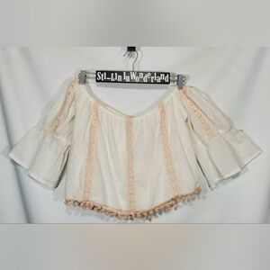 New Tularosa Boho Bound Womens White Cropped Off Shoulder Blouse S Pom Pom Trim
